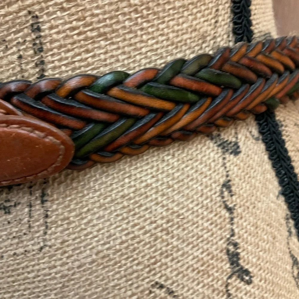 Men’s Size 44 Braided Brown black Genuine Leather Brass Buckle Belt